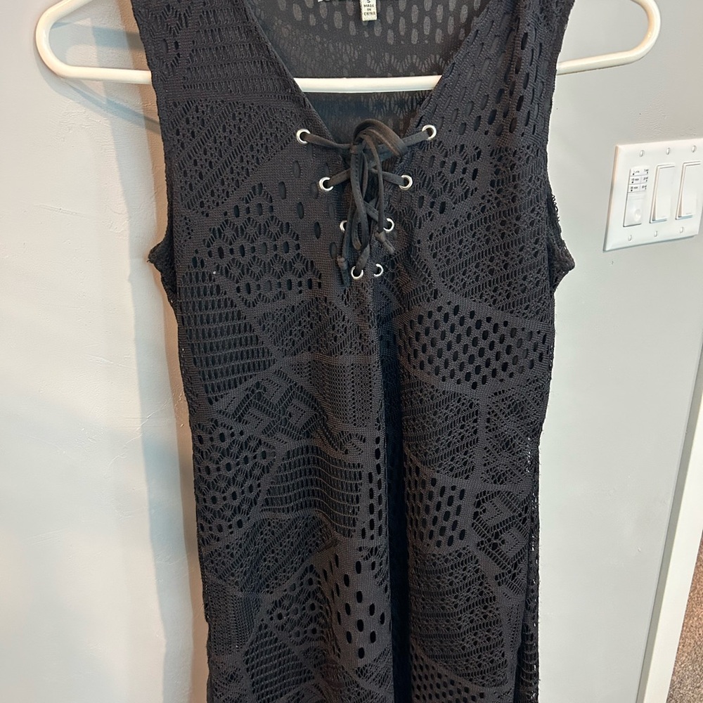 Almost Famous Black Crochet Lace-Up V-Neck Top